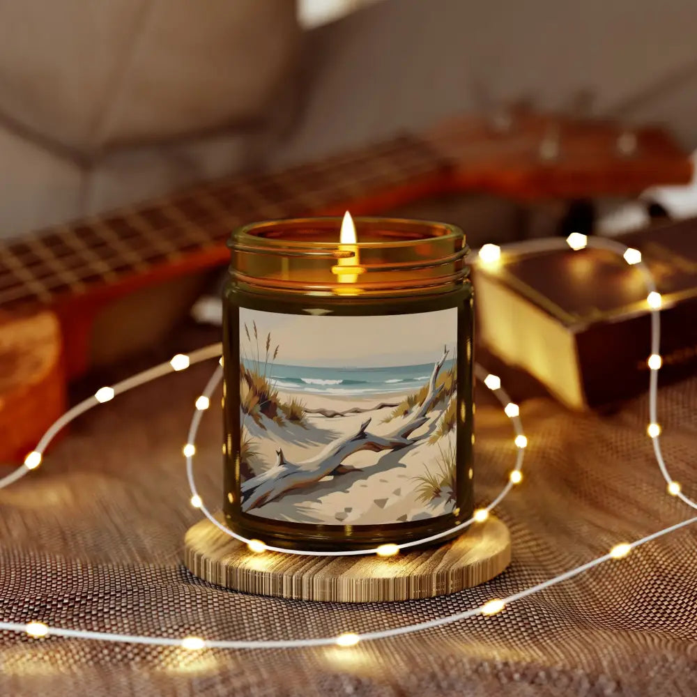 Beach-themed candle with warm lighting from PixiOnyx Coastal Calm Series
