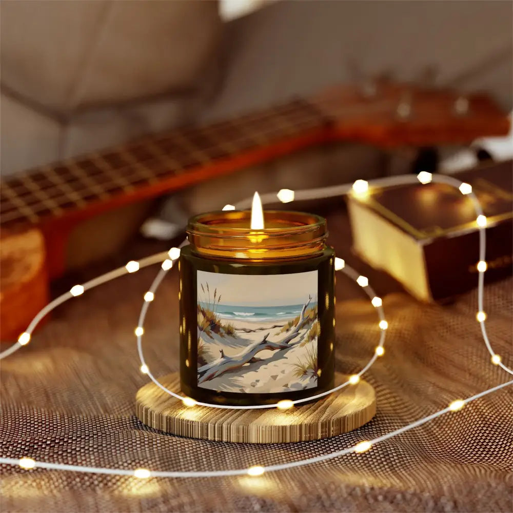 Lit Beach-Themed Candle from PixiOnyx Coastal Calm Series for Relaxing Beach Vibes