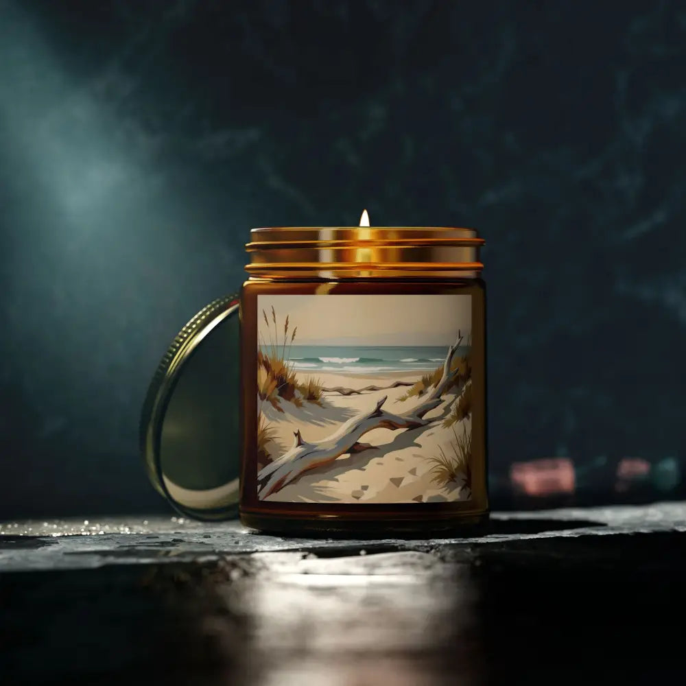 Beach-themed candle in a jar from PixiOnyx Coastal Calm Series featuring Beachwood Drift scent