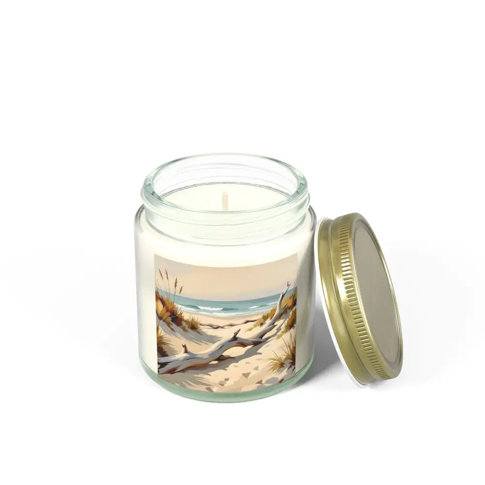 Beach scene candle with gold lid from PixiOnyx Coastal Calm Series