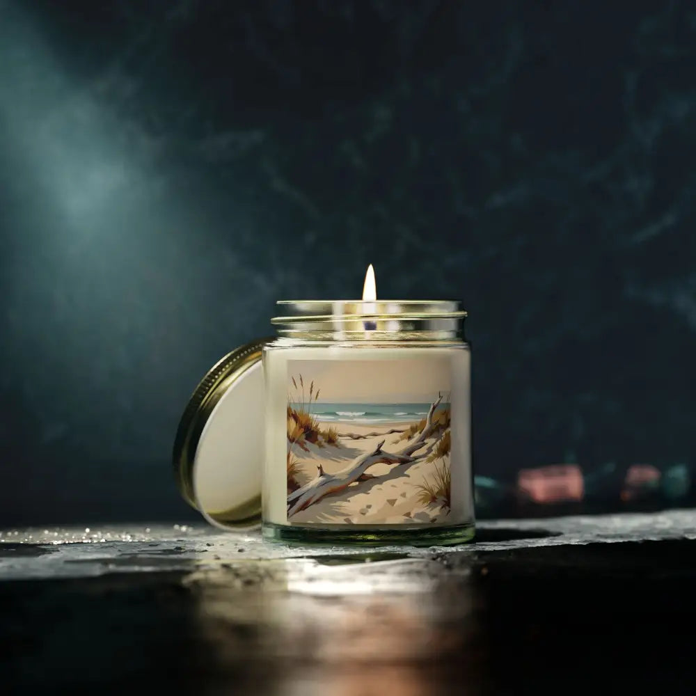 Beach-themed scented candle in a glass jar from PixiOnyx Coastal Calm Series