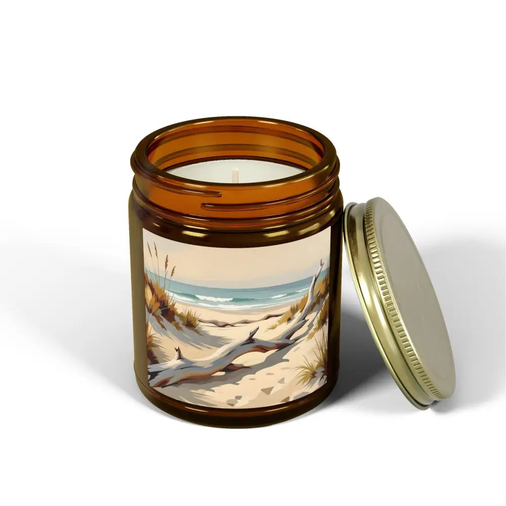 Amber jar candle with beach scene from PixiOnyx Coastal Calm Series for Relaxation