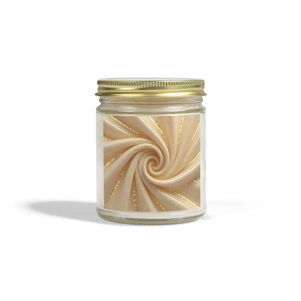 Scented Candle in glass jar with gold lid and swirling design from PixiOnyx Cashmere Musk collection