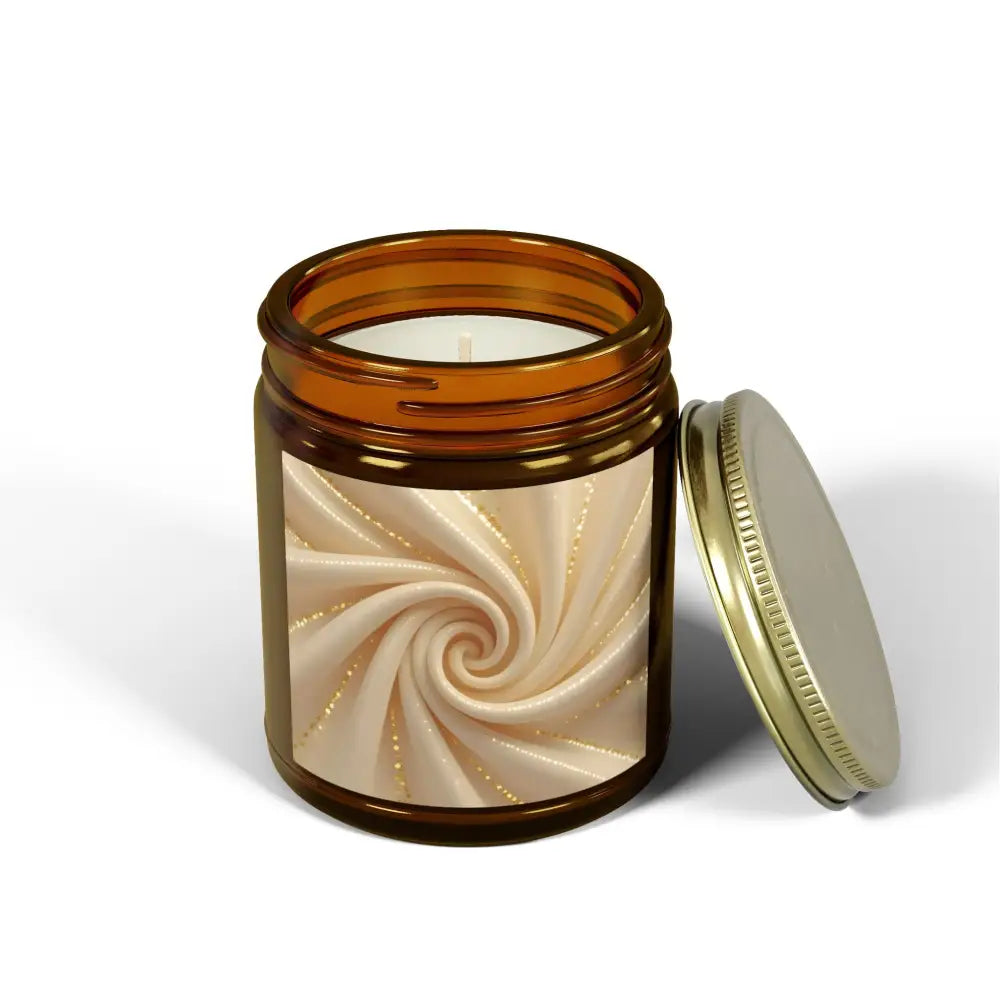 Amber jar candle with swirl label from PixiOnyx Scented Candle Cashmere Musk line