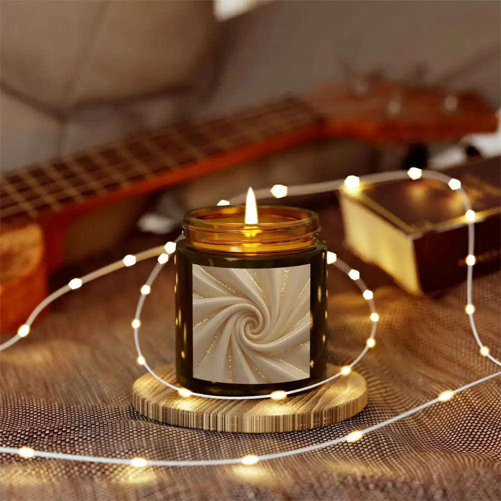 Burning scented candle with swirling fabric label for Cashmere Musk PixiOnyx Ritual