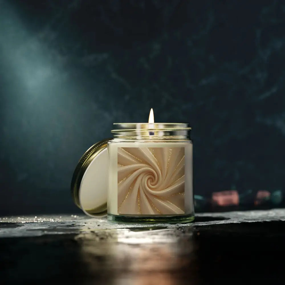 Burning scented candle with swirl label from PixiOnyx Cashmere Musk collection