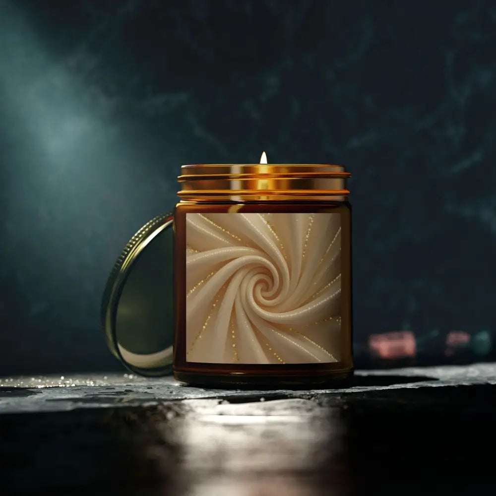 Lit amber jar scented candle with spiral label for Cashmere Musk PixiOnyx Ritual