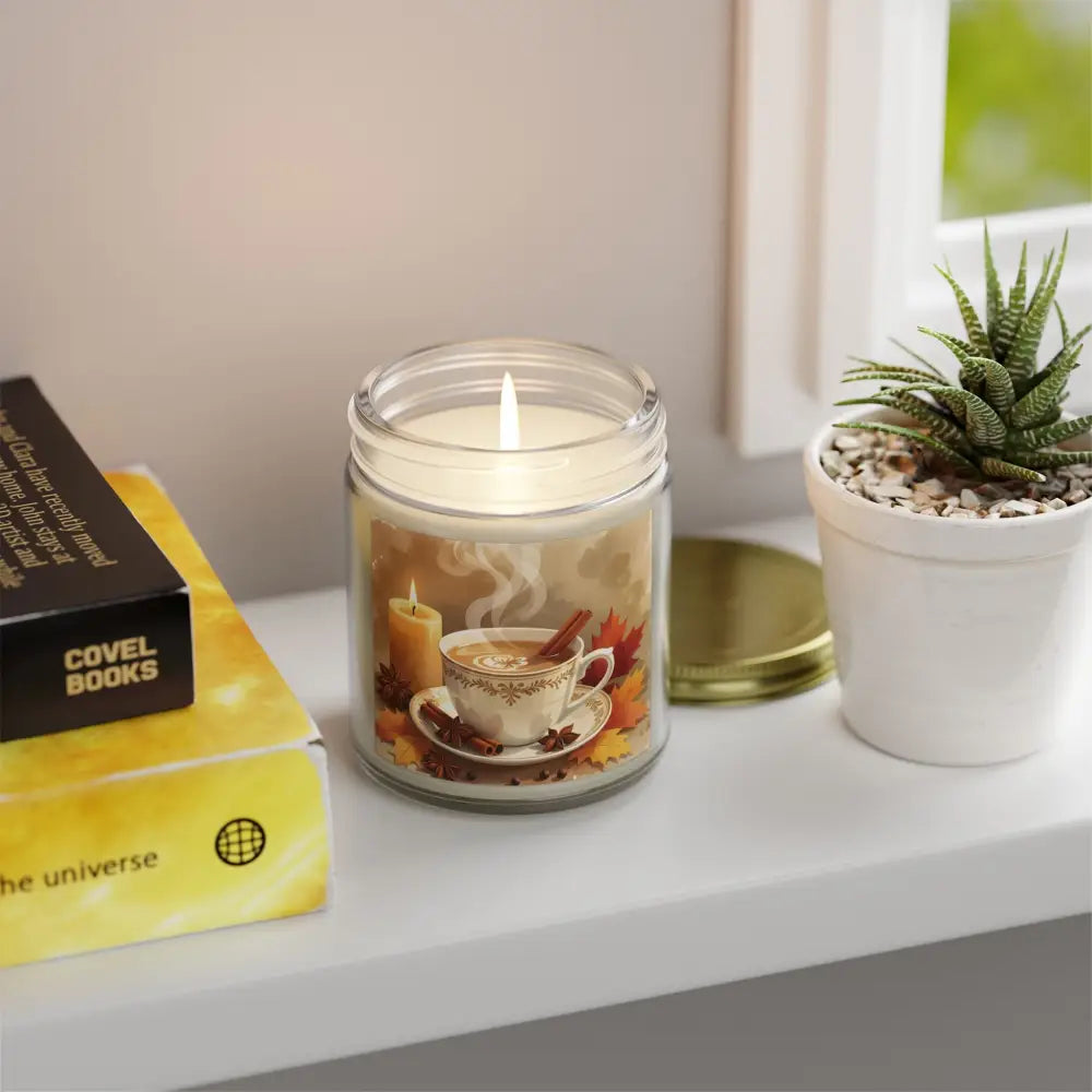 Fall-themed cinnamon chai scented candle in a glass jar for aromatherapy ambiance