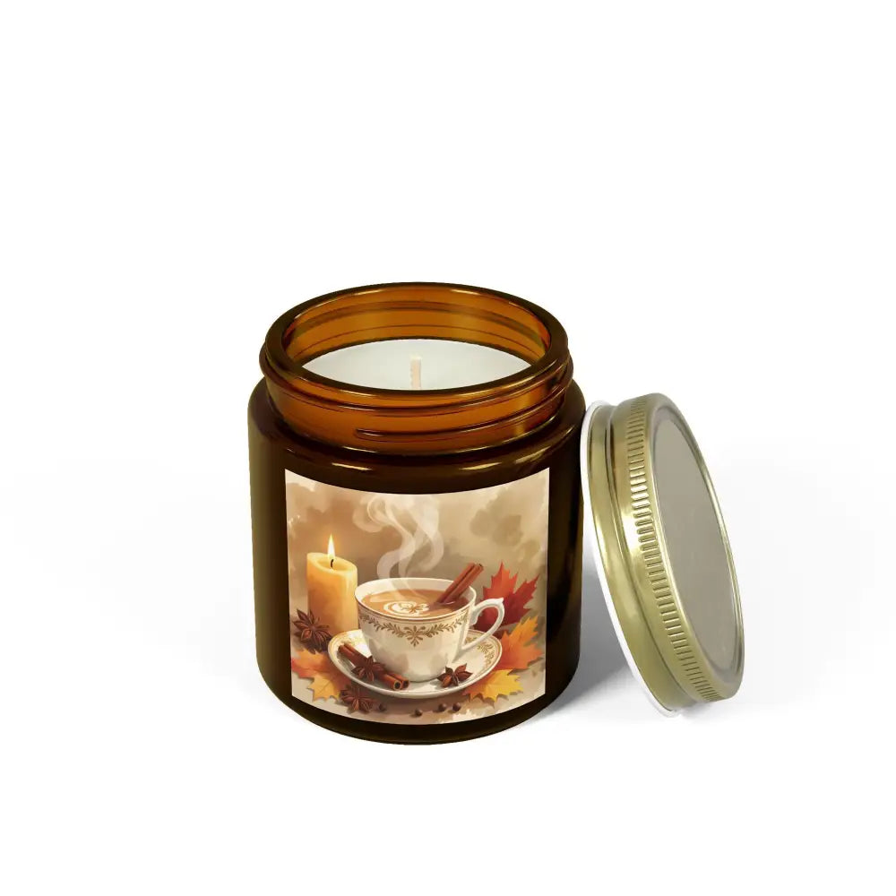 Amber jar candle with autumn-themed label from PixiOnyx Aromatherapy Accent Cinnamon Chai Blend