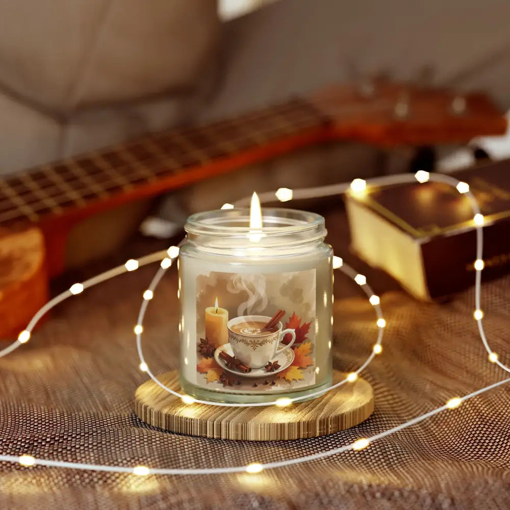 Lit candle with autumn-themed label for Scented Candle Cinnamon Chai Blend PixiOnyx