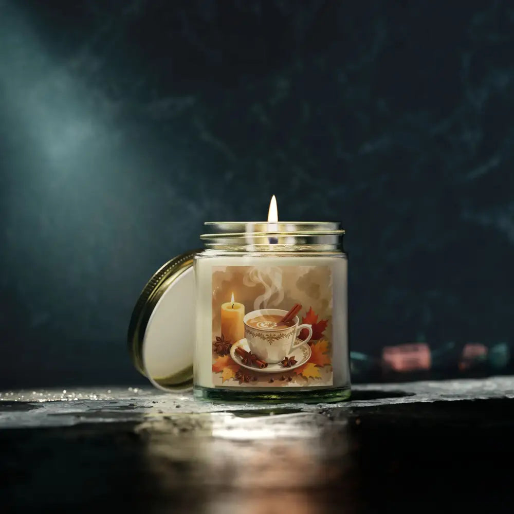 Lit candle in a jar with coffee label from PixiOnyx Aromatherapy Cinnamon Chai blend