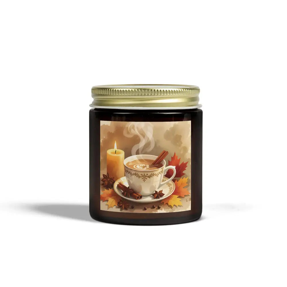 Brown candle jar with autumn-themed label from PixiOnyx Aromatherapy Accent Scented Candle