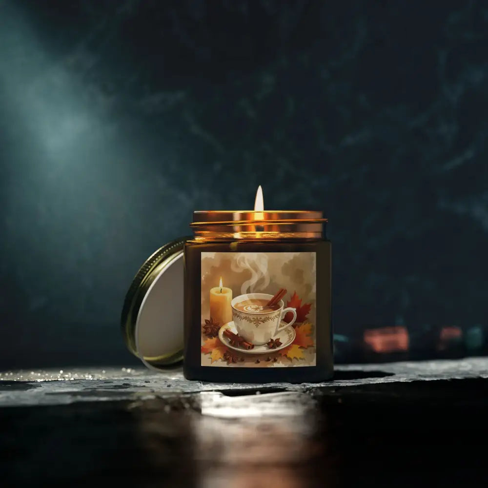 Lit cinnamon chai scented candle with a fall-themed label from PixiOnyx Aromatherapy
