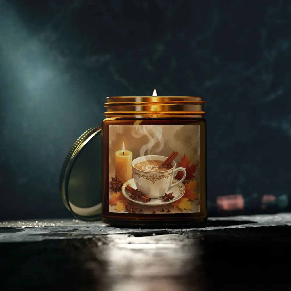 Autumn-themed cinnamon chai scented candle in jar for PixiOnyx Aromatherapy Accent