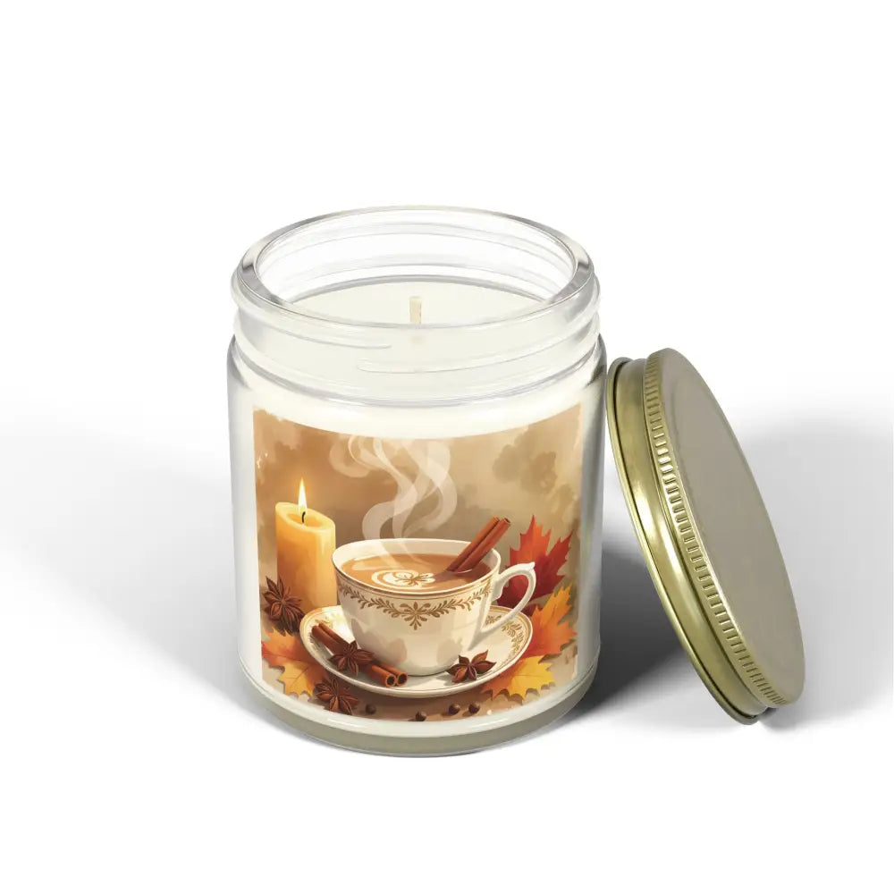 Fall-themed Scented Candle in glass jar with gold lid from PixiOnyx Aromatherapy