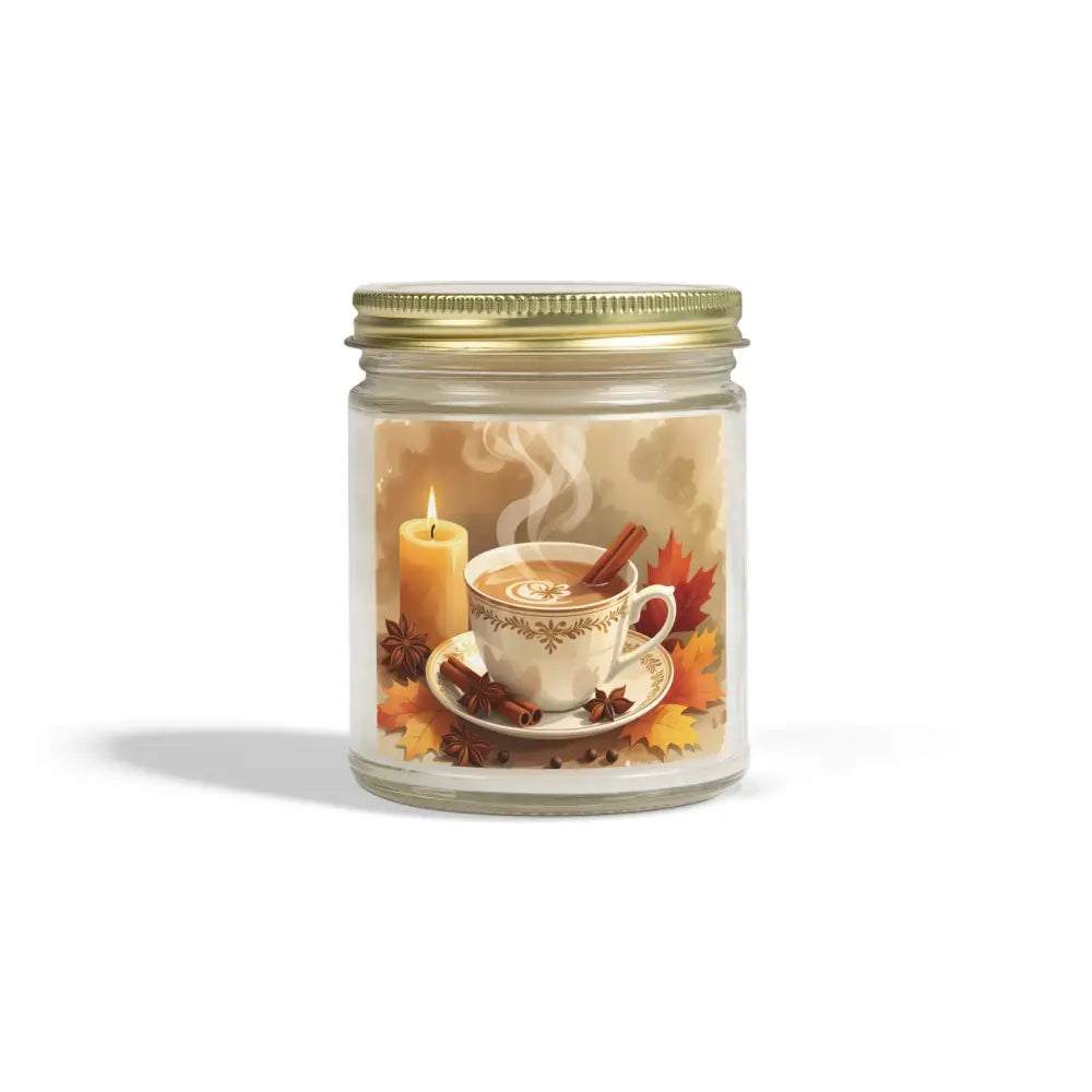 Fall-themed cinnamon chai scented candle in a jar for cozy Aromatherapy ambiance