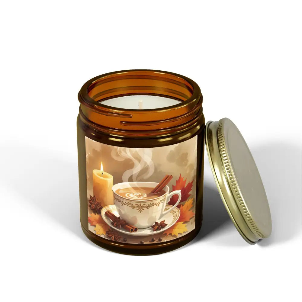 Amber jar candle with an autumn-themed label for Scented Candle Cinnamon Chai Blend PixiOnyx