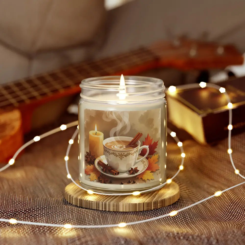 Fall-themed candle in glass jar for Cinnamon Chai Blend aromatherapy from PixiOnyx