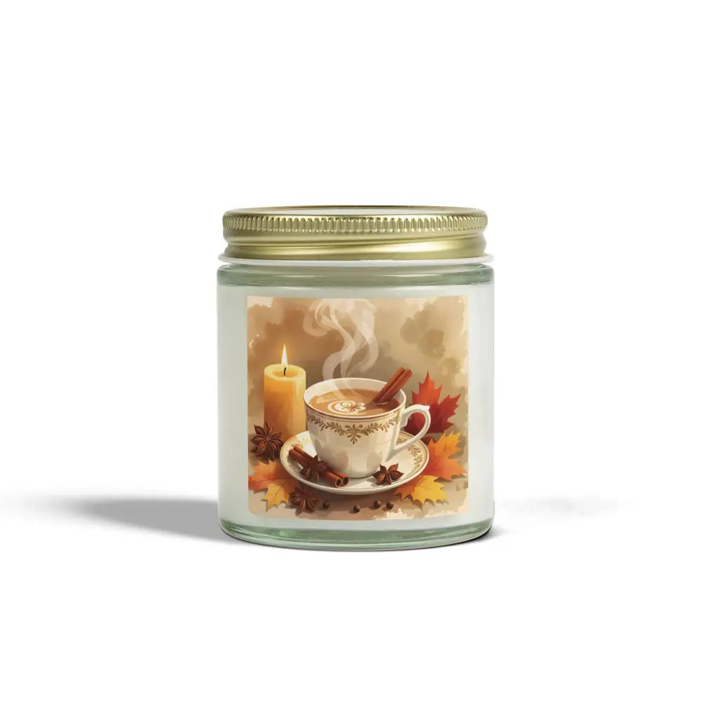 Scented candle jar with autumn-themed label from PixiOnyx Aromatherapy Accent
