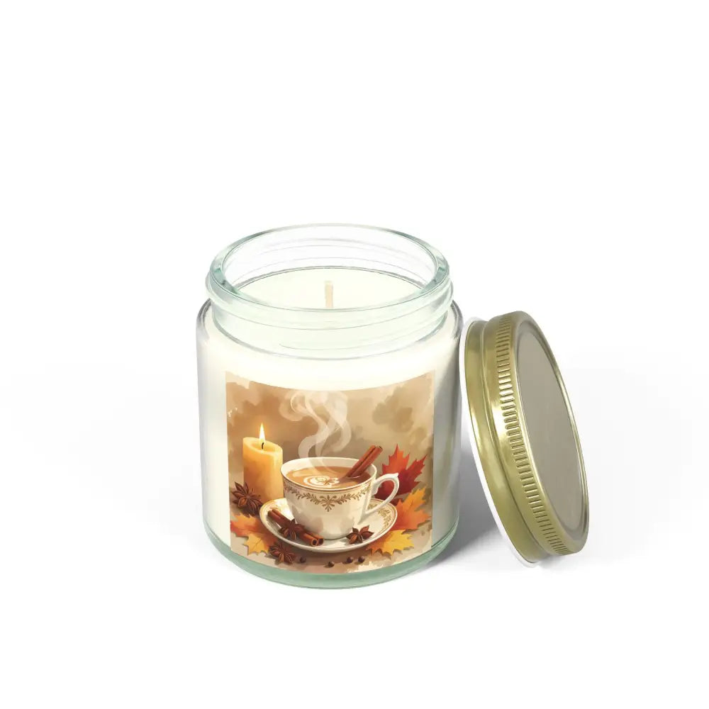 Fall-themed scented candle in a glass jar with a golden lid for PixiOnyx Aromatherapy