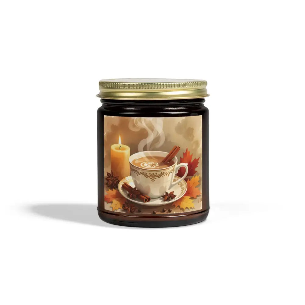 Fall-themed candle jar from PixiOnyx Aromatherapy Accent with Cinnamon Chai scent