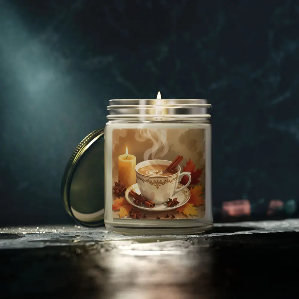 Scented candle with autumn-themed label from PixiOnyx Aromatherapy Accent