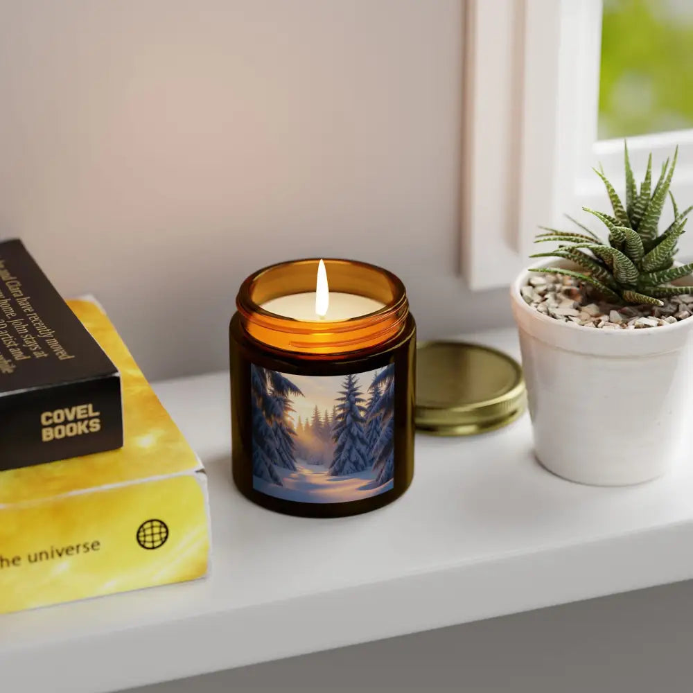 Lit scented candle with Fraser Fir Forest winter scene for a cozy glow