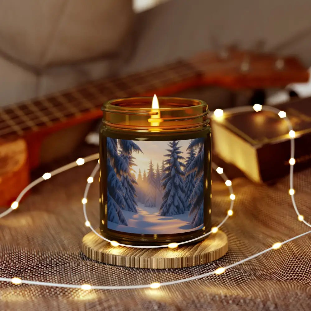 Winter forest candle from PixiOnyx Winter Glow with Fraser Fir scent in a cozy setting