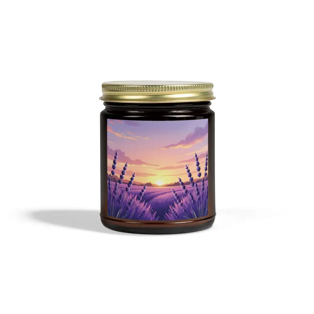Lavender field scented candle from PixiOnyx Aromatherapy Glow with lavender blooms