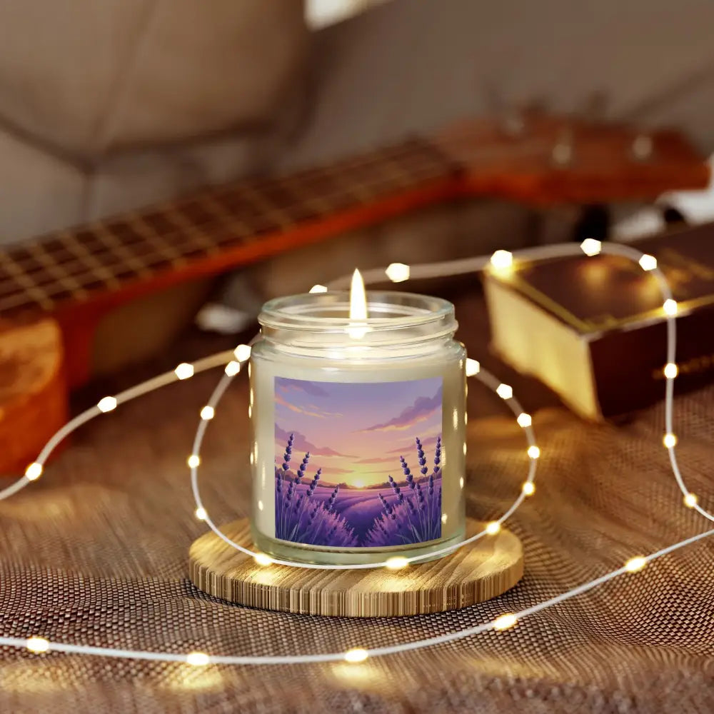 Lavender sunset scented candle in PixiOnyx Aromatherapy Glow packaging