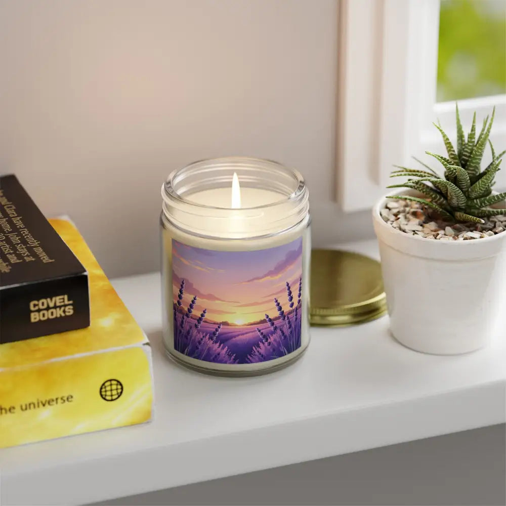 Lavender sunset scented candle from PixiOnyx Aromatherapy Glow featuring lavender fields at dusk
