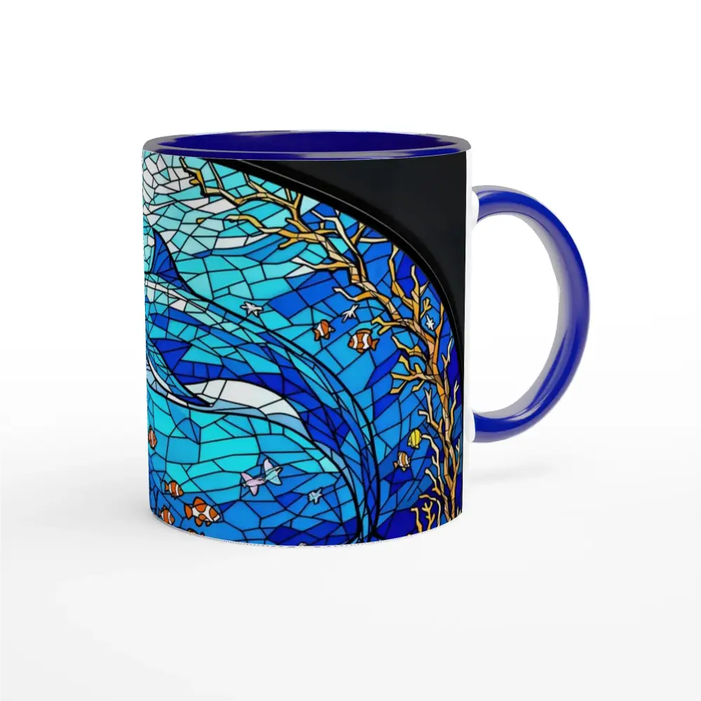 Blue-rimmed ceramic mug with stained-glass ocean design from Sea Cathedral collection
