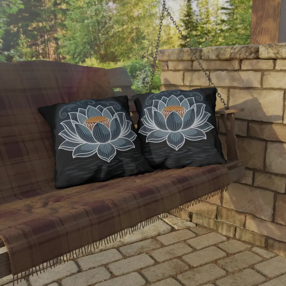 Black accent pillows with white lotus flower design, stunning outdoor pillow, spot clean care