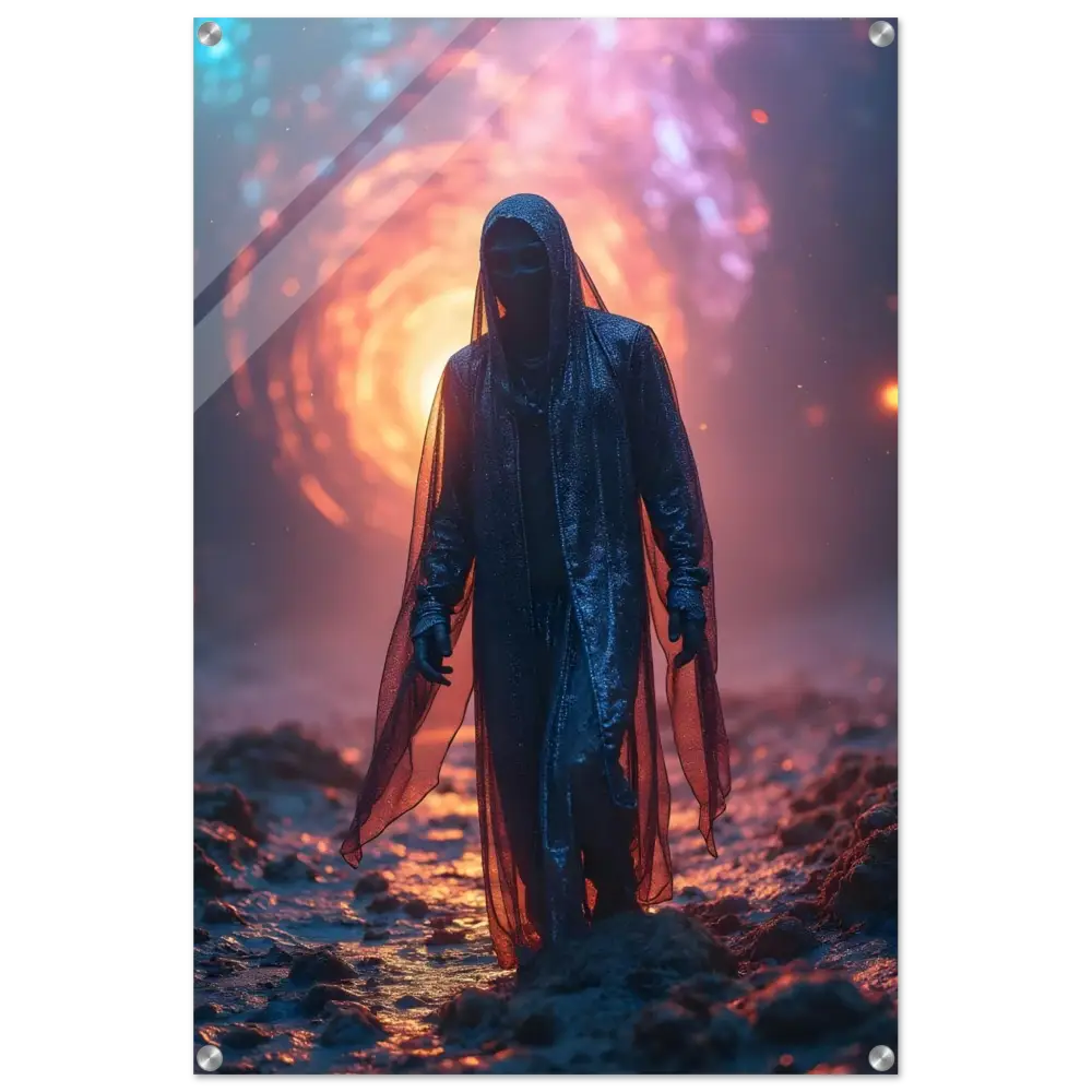 Hooded figure in an otherworldly landscape for Shadowwalker Acrylic Print PixiOnyx Wall Art