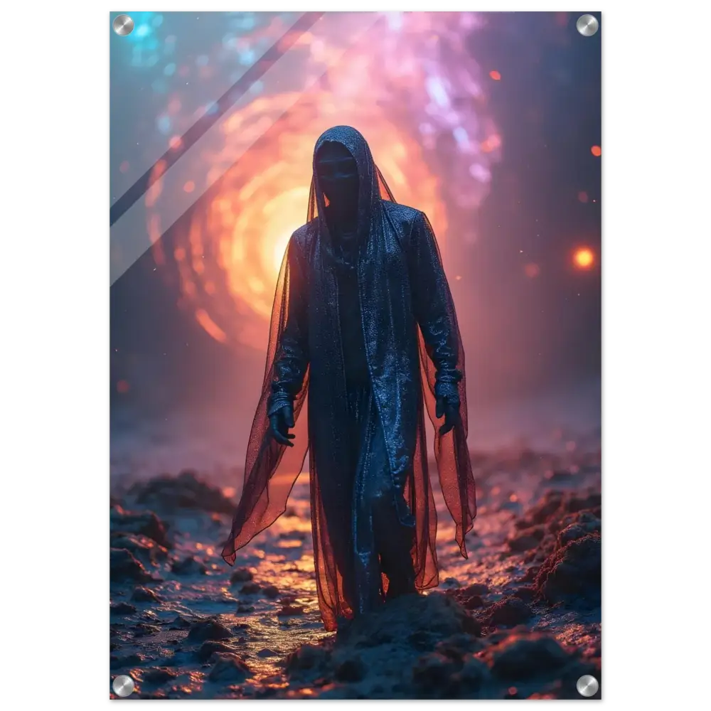 Hooded figure in a cosmic landscape featured in Shadowwalker Acrylic Print by PixiOnyx