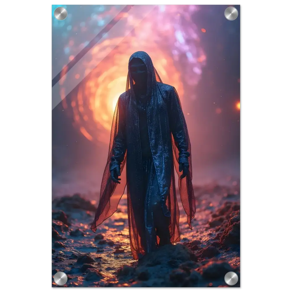 Hooded figure in flowing robe displayed on Shadowwalker Acrylic Print Wall Art