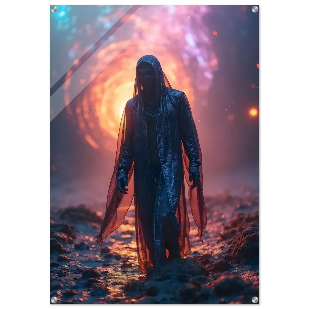 Hooded figure in flowing coat artwork for Shadowwalker Acrylic Print by PixiOnyx Crystal Wall Art