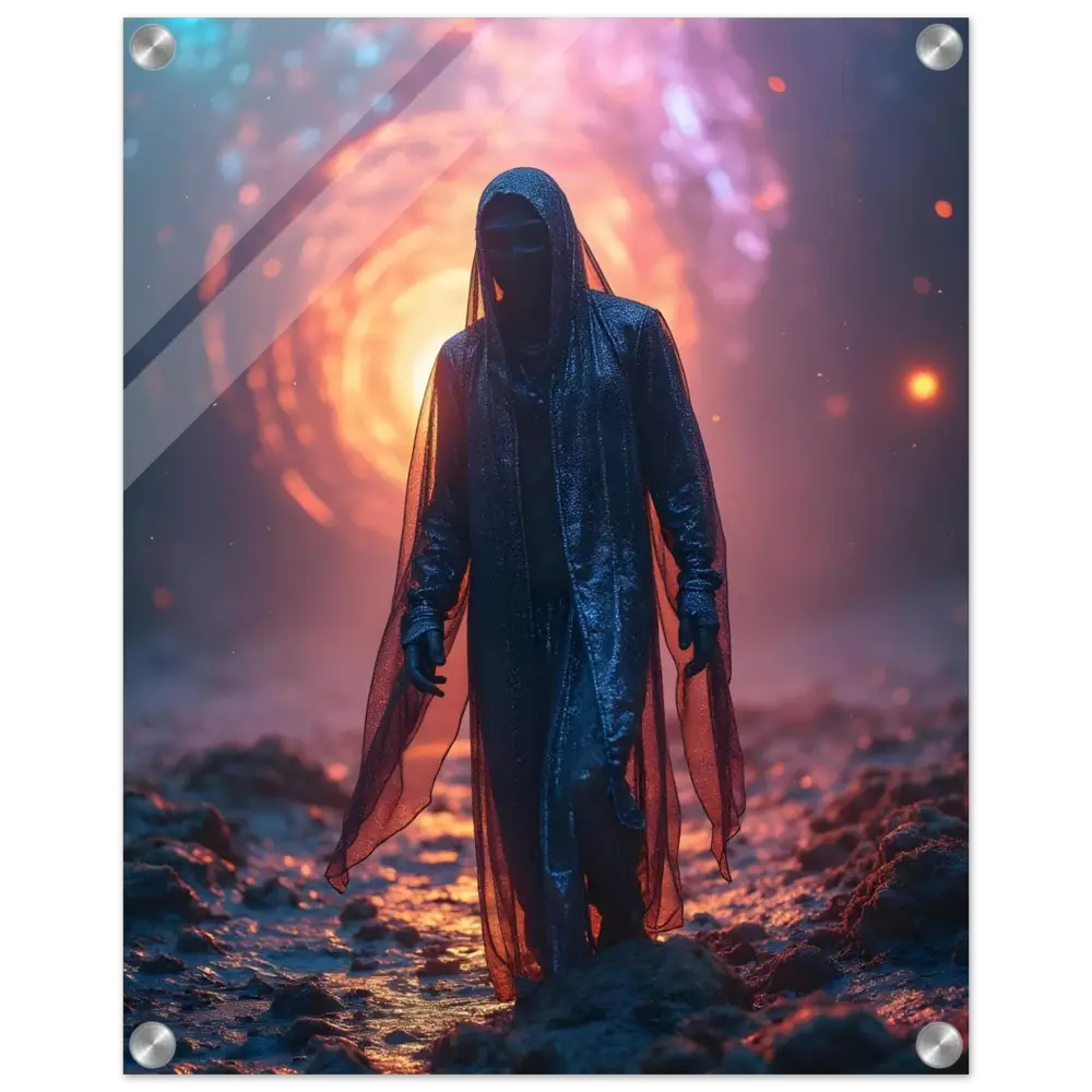 Hooded figure in dark flowing robe displayed on Shadowwalker Acrylic Print by PixiOnyx