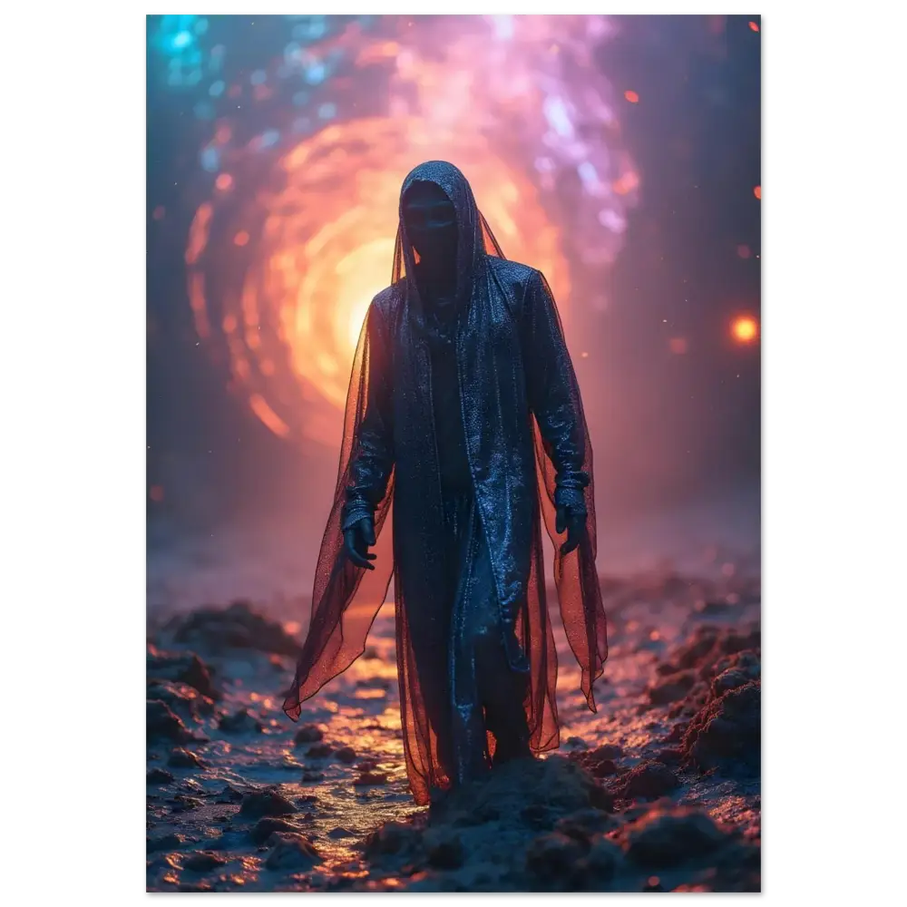 Cloaked figure before a cosmic portal on Shadowwalker Poster PixiOnyx Fine Art Print