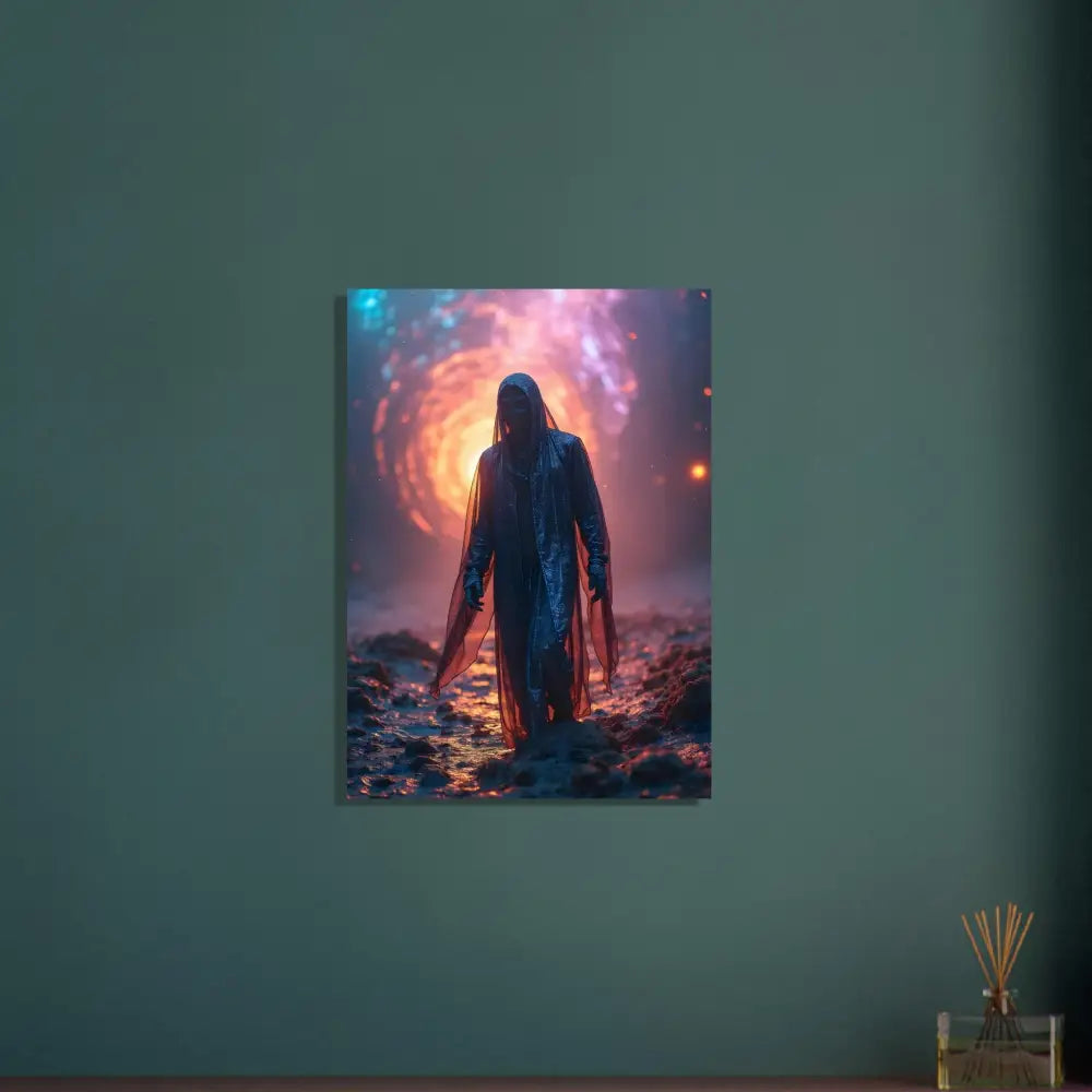 Hooded figure in cosmic landscape on Shadowwalker Poster - PixiOnyx Fine Art Print