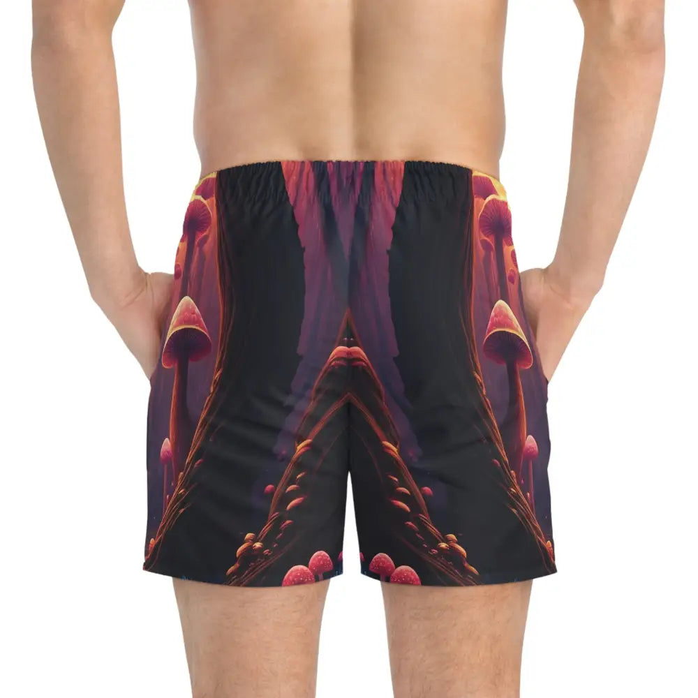 Mushroom-patterned swim trunks with psychedelic print for festival beachwear