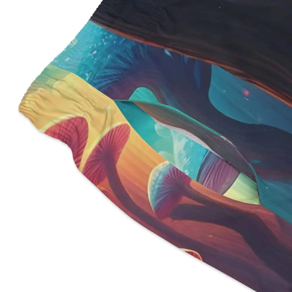 Colorful mushroom-themed fabric for Shroom Bloom Swim Trunks at PixiOnyx Festival Beachwear