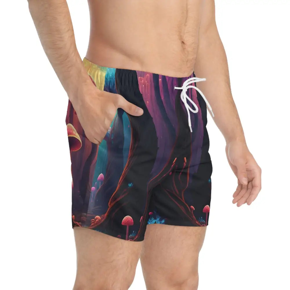 Men’s mushroom-themed swim trunks with psychedelic mushroom print at PixiOnyx Festival Beachwear