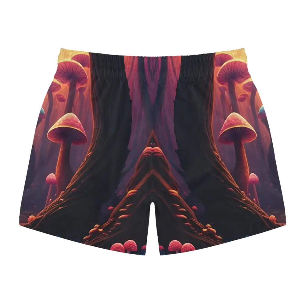 Mushroom-themed swim trunks with psychedelic mushroom print for PixiOnyx Festival Beachwear