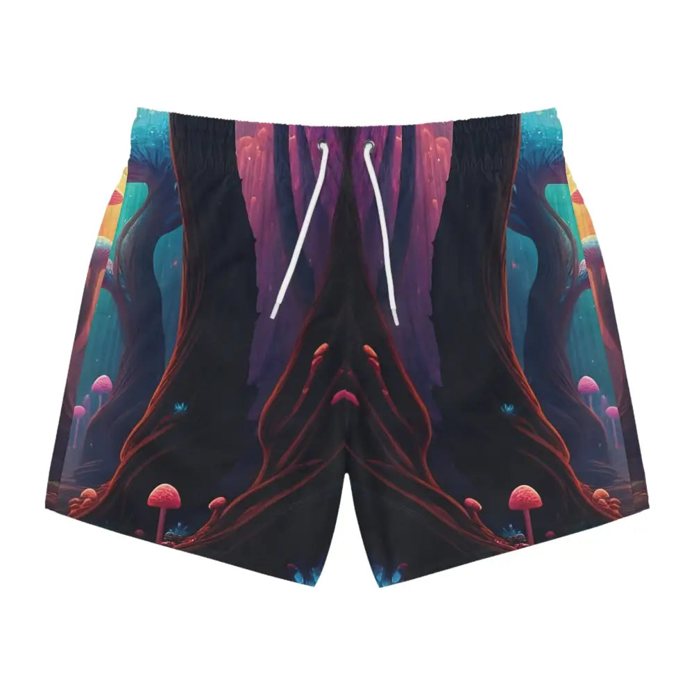 Men’s swim trunks with a vibrant fantasy forest and psychedelic mushroom print