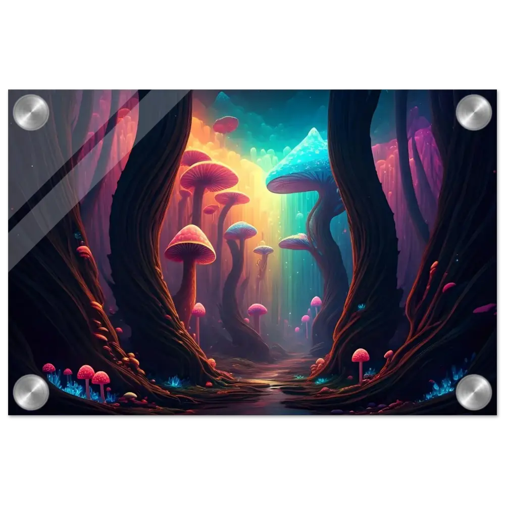 Vibrant mushroom forest art print from Shroom Bloom The Veil Beyond Acrylic Print PixiOnyx