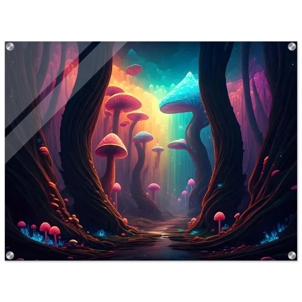 Vibrant mushroom forest art on acrylic print titled Shroom Bloom The Veil Beyond at PixiOnyx
