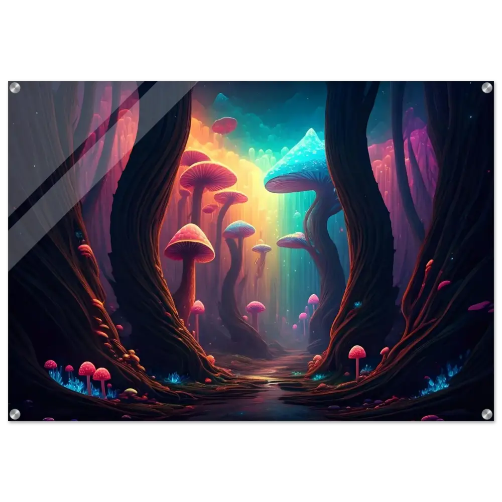 Vibrant mushroom forest art on acrylic print titled Shroom Bloom The Veil Beyond by PixiOnyx