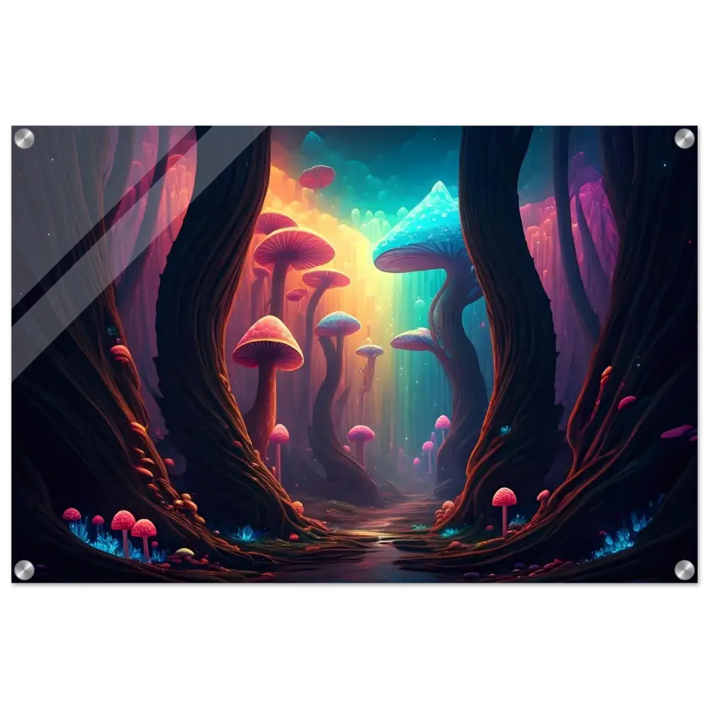 Vibrant mushroom forest art displayed on Shroom Bloom The Veil Beyond Acrylic Print by PixiOnyx
