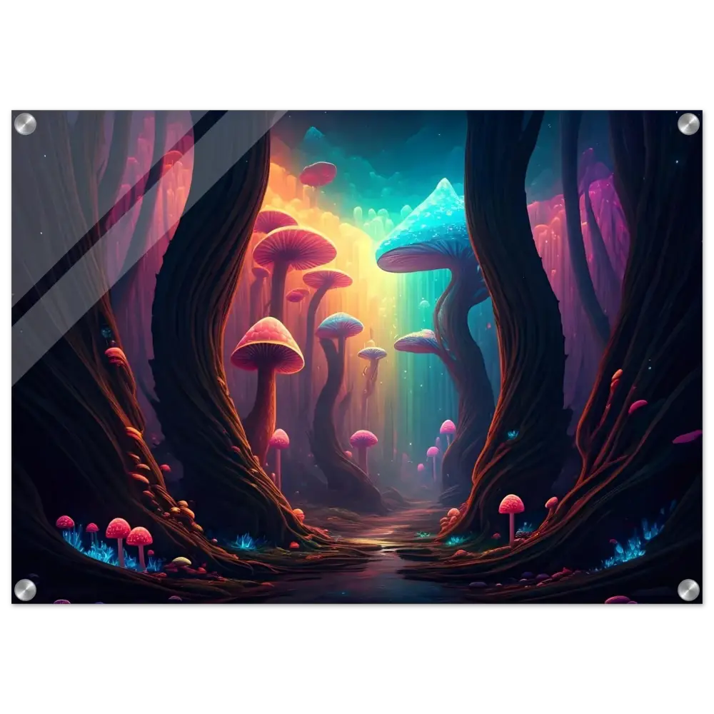 Vibrant mushroom forest art acrylic print for Shroom Bloom The Veil Beyond by PixiOnyx